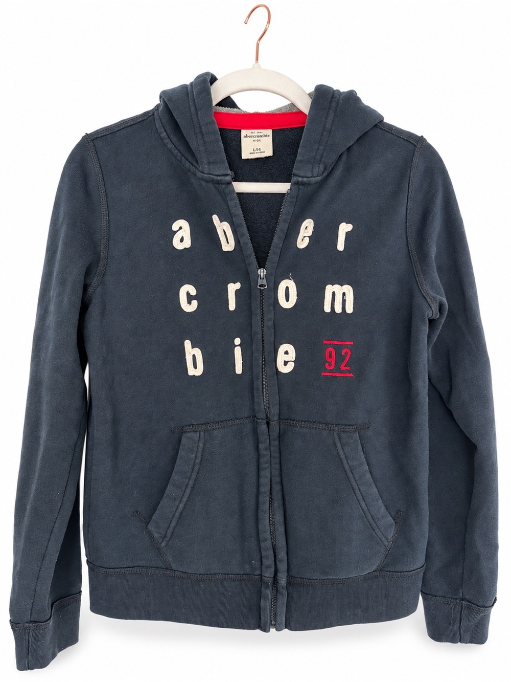 abercrombie kids Navy Hooded Zip-Up Sweatshirt with Cream Logo and Red Detail